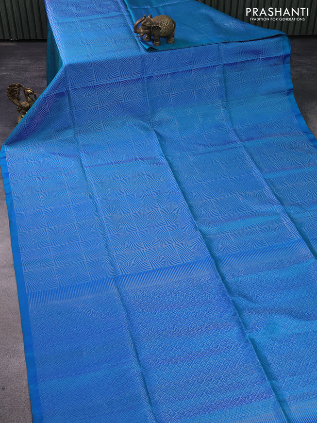 Pure soft silk saree dual shade of bluish green with allover silver zari woven brocade weaves in borderless style