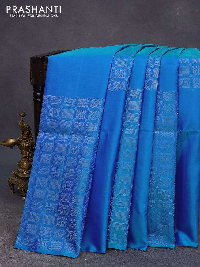 Pure soft silk saree dual shade of bluish green with silver zari woven geometric buttas in borderless style