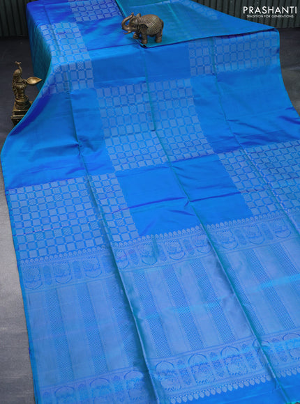 Pure soft silk saree dual shade of bluish green with silver zari woven geometric buttas in borderless style