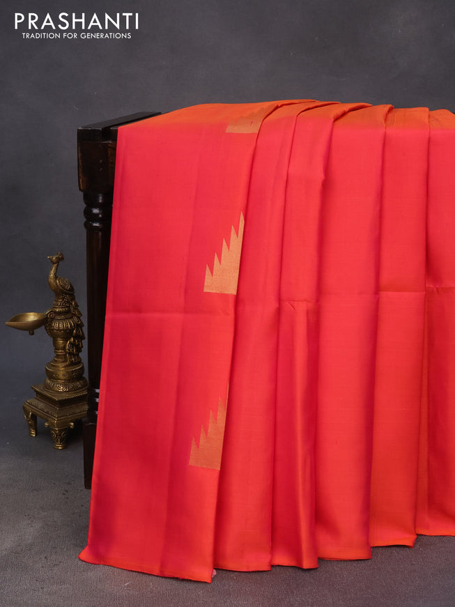 Pure soft silk saree dual shade of pinkish orange with zari woven temple buttas in borderless style