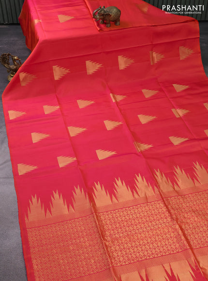 Pure soft silk saree dual shade of pinkish orange with zari woven temple buttas in borderless style