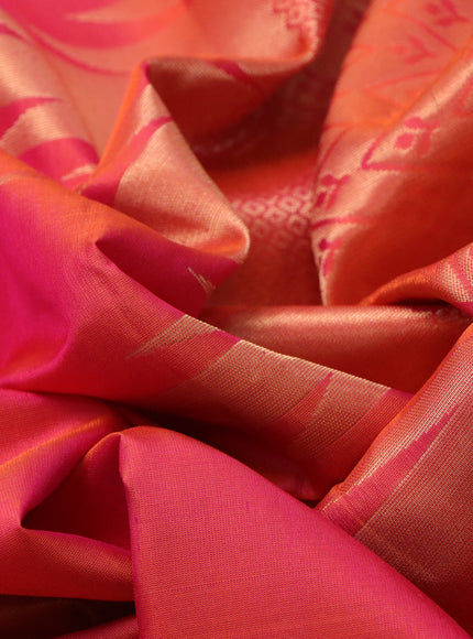 Pure soft silk saree dual shade of pinkish orange with zari woven temple buttas in borderless style