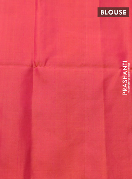 Pure soft silk saree dual shade of pinkish orange with zari woven temple buttas in borderless style