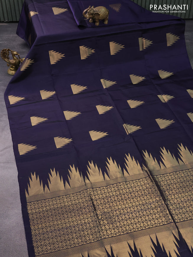 Pure soft silk saree navy blue with zari woven temple buttas in borderless style