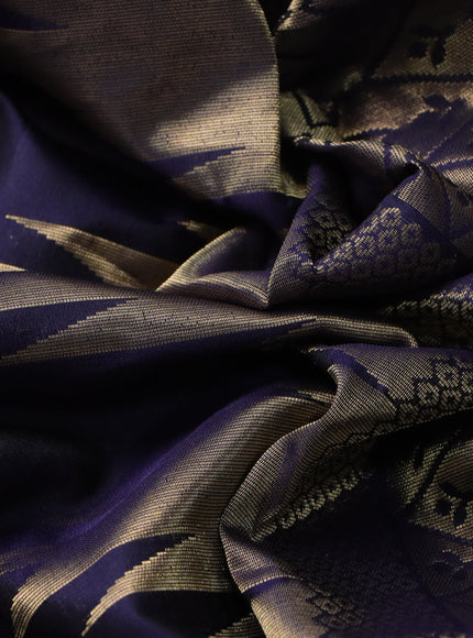 Pure soft silk saree navy blue with zari woven temple buttas in borderless style