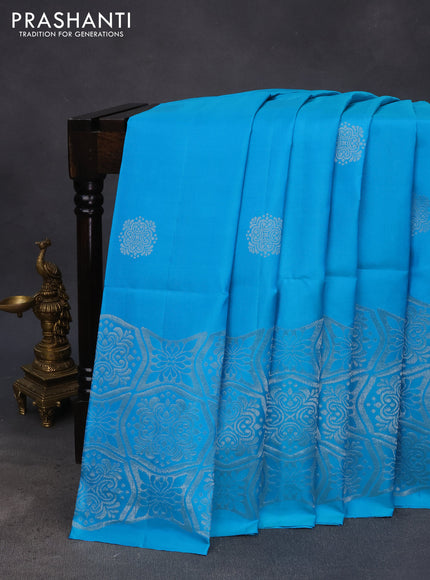 Pure soft silk saree light blue with silver zari woven buttas and long silver zari woven border