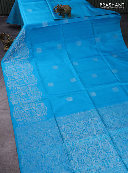 Pure soft silk saree light blue with silver zari woven buttas and long silver zari woven border