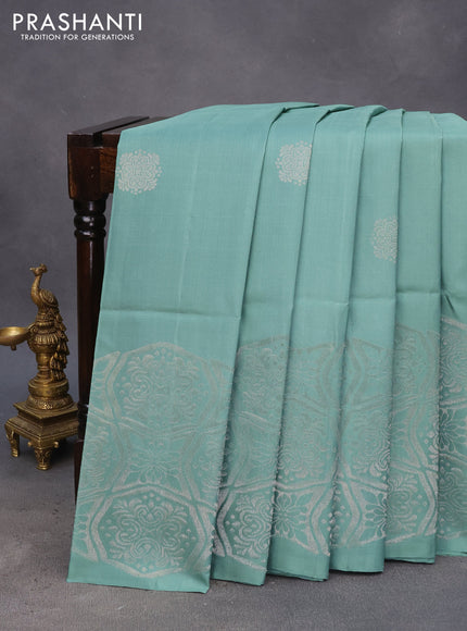 Pure soft silk saree pastel green with silver zari woven buttas in borderless style