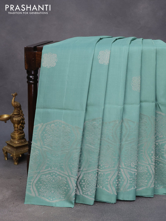 Pure soft silk saree pastel green with silver zari woven buttas in borderless style