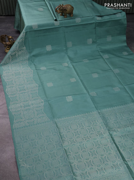 Pure soft silk saree pastel green with silver zari woven buttas in borderless style