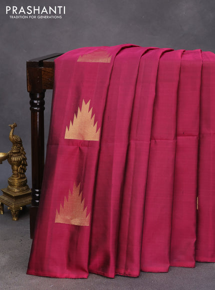 Pure soft silk saree dark magenta pink with zari woven temple buttas in borderless style