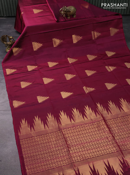 Pure soft silk saree dark magenta pink with zari woven temple buttas in borderless style