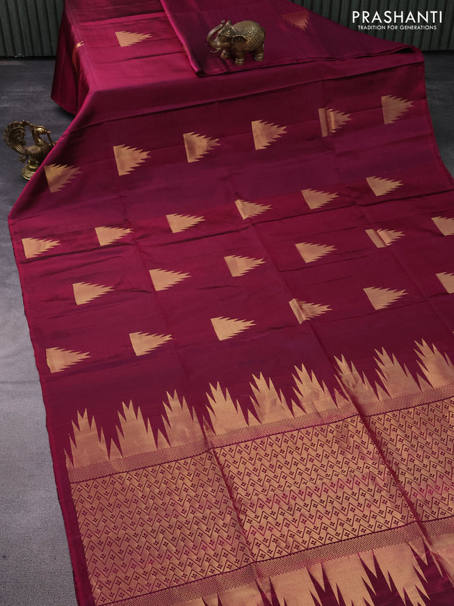 Pure soft silk saree dark magenta pink with zari woven temple buttas in borderless style