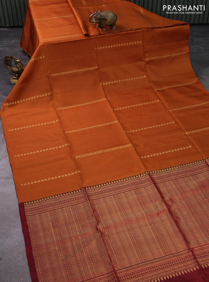 Pure soft silk saree dark mustard and maroon with allover zari weaves in borderless style