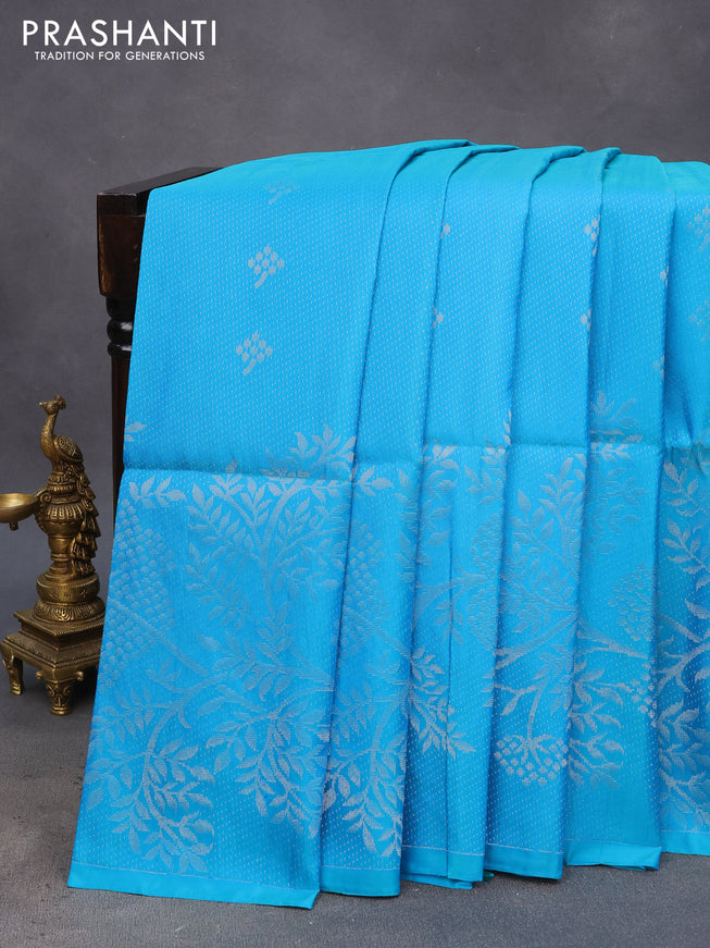 Pure soft silk saree dual shade of bluish green with allover silver zari weaves & buttas in borderless style