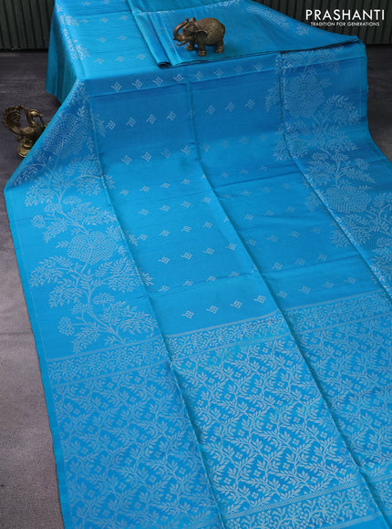 Pure soft silk saree dual shade of bluish green with allover silver zari weaves & buttas in borderless style