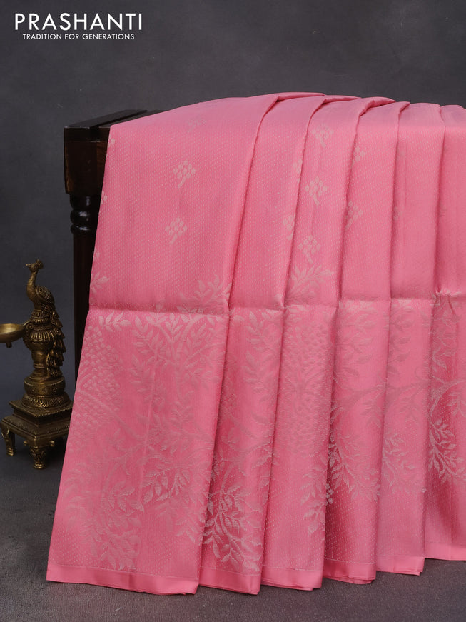 Pure soft silk saree peach pink with allover silver zari weaves & buttas in borderless style