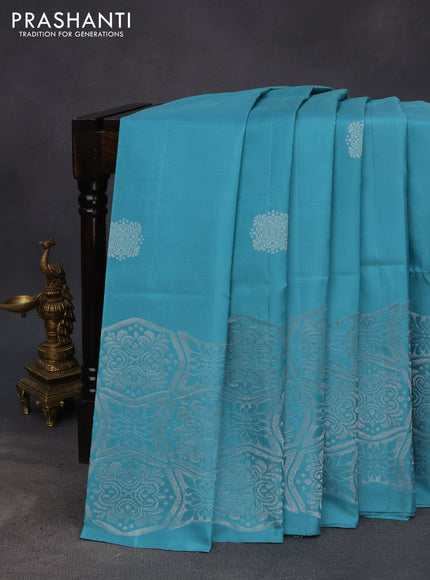 Pure soft silk saree pastel blue with silver zari woven buttas and long silver zari woven border