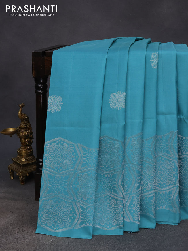 Pure soft silk saree pastel blue with silver zari woven buttas and long silver zari woven border