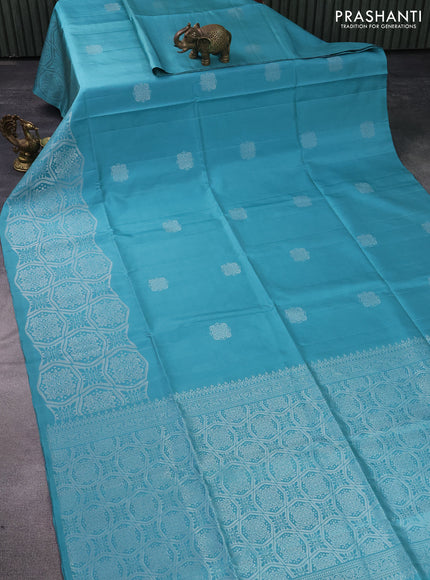 Pure soft silk saree pastel blue with silver zari woven buttas and long silver zari woven border