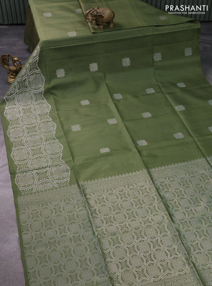 Pure soft silk saree sap green with silver zari woven buttas and long silver zari woven border