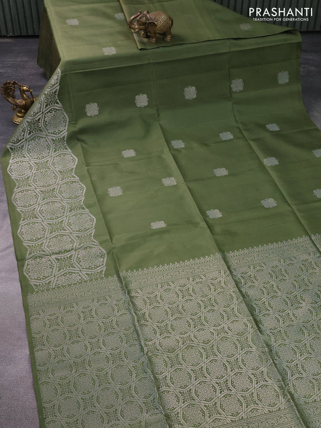 Pure soft silk saree sap green with silver zari woven buttas and long silver zari woven border