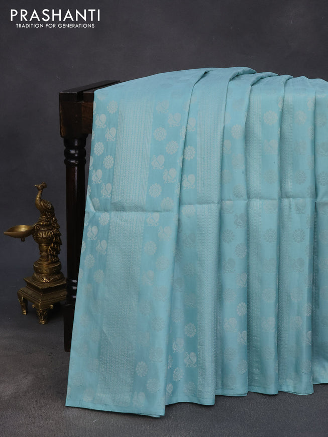 Pure soft silk saree pastel blue shade with allover silver zari weaves & buttas in borderless style