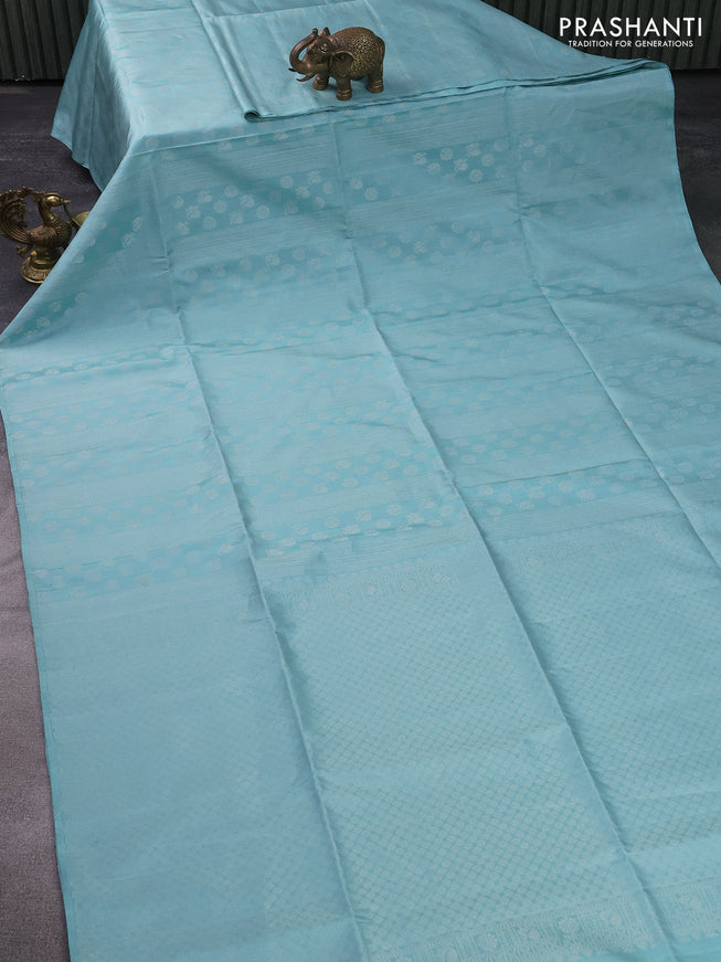 Pure soft silk saree pastel blue shade with allover silver zari weaves & buttas in borderless style