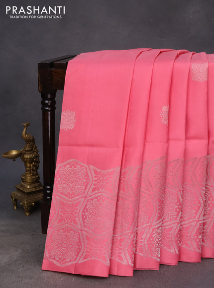 Pure soft silk saree mild peach pink with silver zari woven buttas and long silver zari woven border