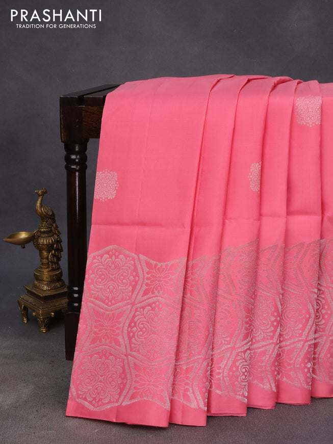 Pure soft silk saree mild peach pink with silver zari woven buttas and long silver zari woven border