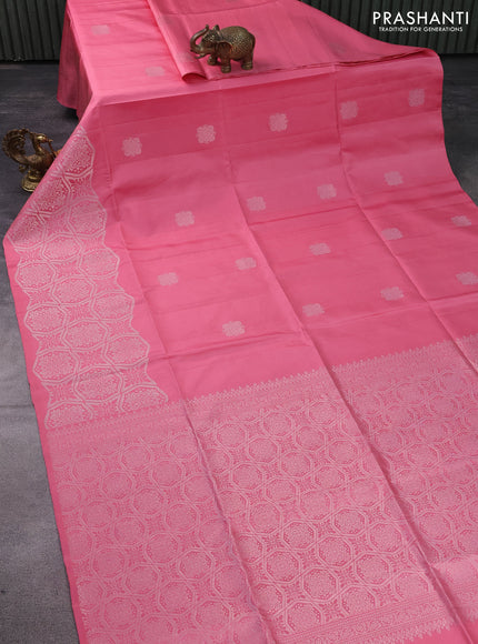 Pure soft silk saree mild peach pink with silver zari woven buttas and long silver zari woven border