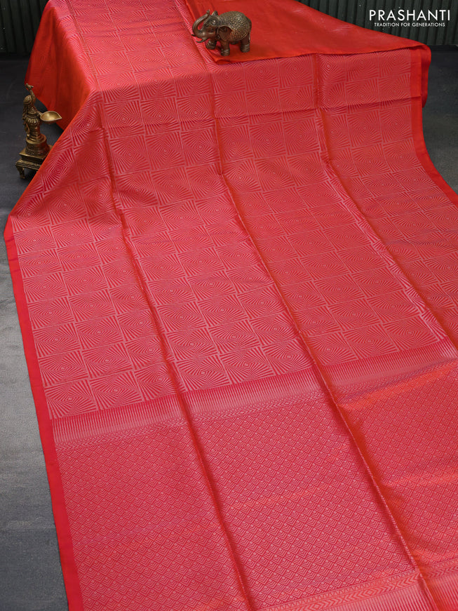 Pure soft silk saree dual shade of pinkish orange with allover zari woven brocade weaves in borderless style