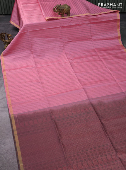 Pure soft silk saree peach pink shade and pastel brown with allover thread & zari weaves and zari woven border