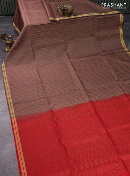 Pure soft silk saree brown shade and red with allover thread & zari weaves and zari woven border