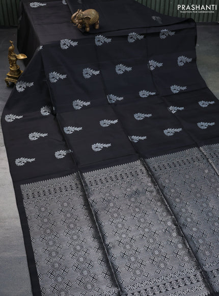 Pure soft silk saree black with silver zari woven buttas in borderless style