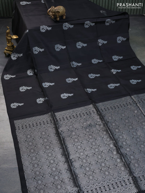 Pure soft silk saree black with silver zari woven buttas in borderless style