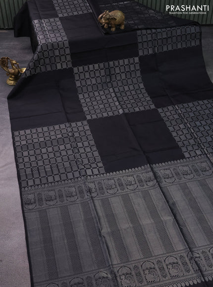 Pure soft silk saree black with silver zari woven geometric buttas in borderless style