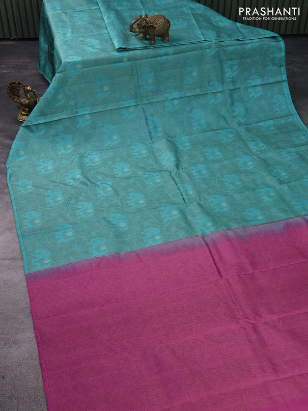 Pure soft silk saree teal blue shade and mauve pink with allover thread & zari woven brocade weaves in borderless style