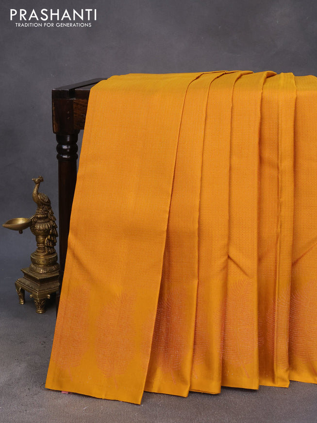 Pure soft silk saree mustard yellow with allover thread & zari checked pattern and leaf design woven border