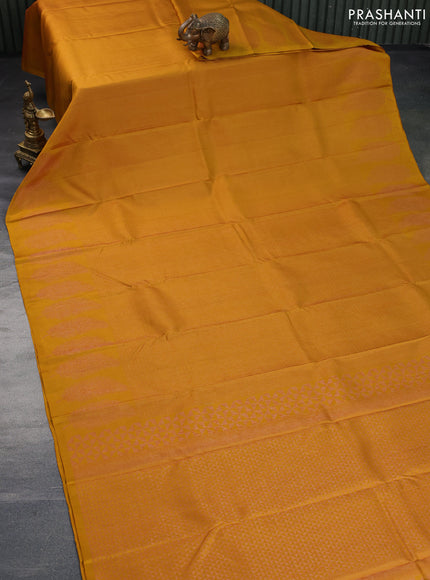 Pure soft silk saree mustard yellow with allover thread & zari checked pattern and leaf design woven border