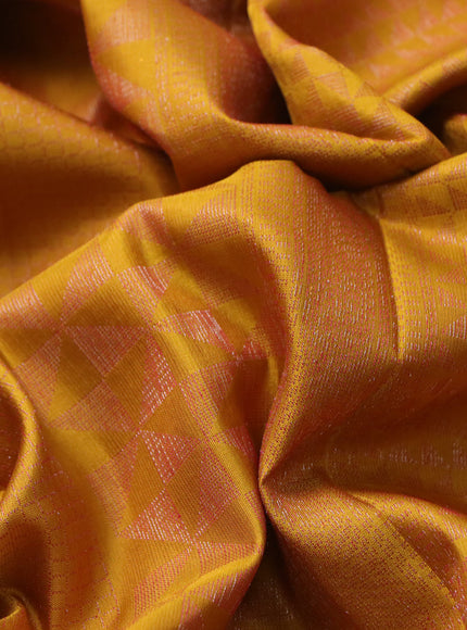 Pure soft silk saree mustard yellow with allover thread & zari checked pattern and leaf design woven border