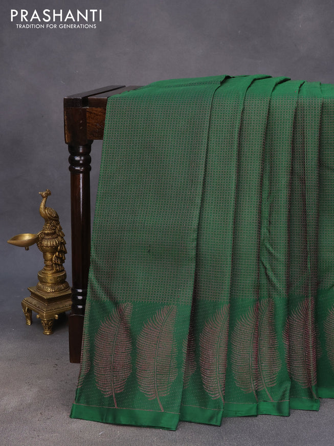 Pure soft silk saree dark green with allover thread & zari checked pattern and leaf design woven border