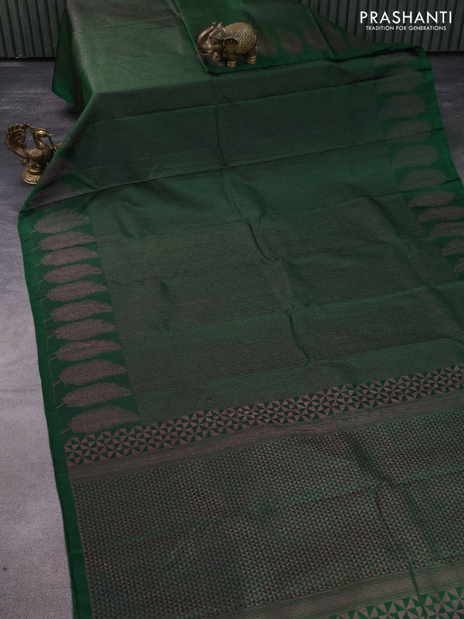 Pure soft silk saree dark green with allover thread & zari checked pattern and leaf design woven border