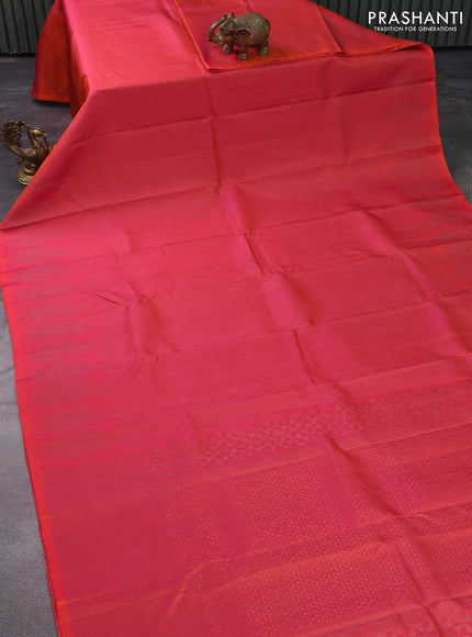 Pure soft silk saree dual shade of pinkish orange with allover thread & zari checked pattern and leaf design woven border