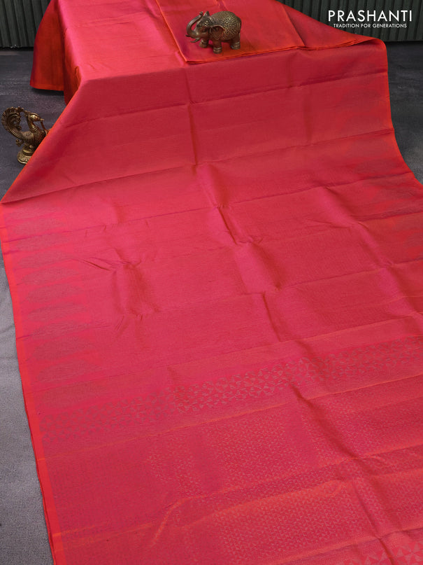 Pure soft silk saree dual shade of pinkish orange with allover thread & zari checked pattern and leaf design woven border