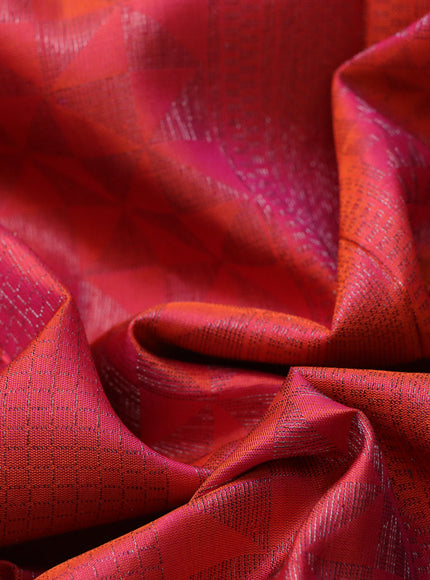 Pure soft silk saree dual shade of pinkish orange with allover thread & zari checked pattern and leaf design woven border