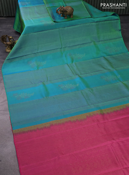 Pure soft silk saree dual shade of bluish green and mauve pink with allover thread & zari weaves in borderless style