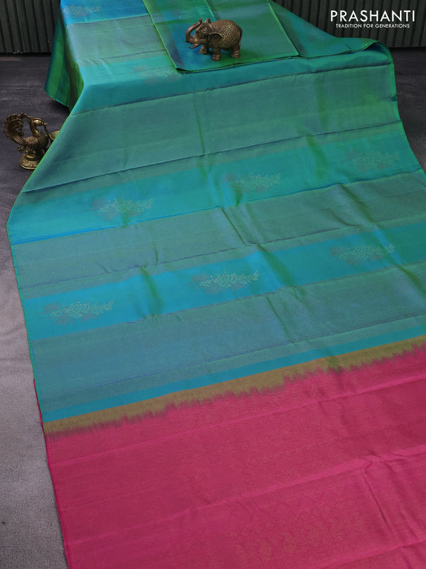 Pure soft silk saree dual shade of bluish green and mauve pink with allover thread & zari weaves in borderless style