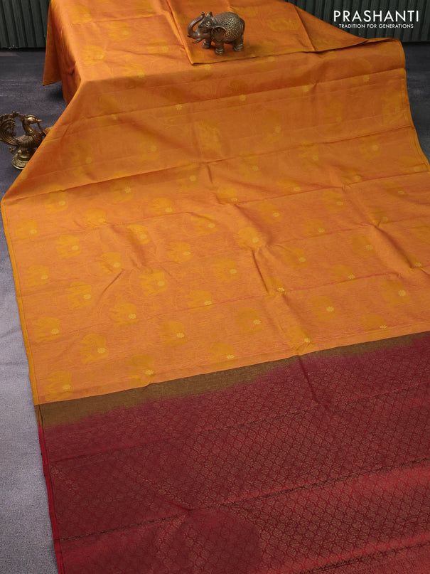 Pure soft silk saree mustard yellow and maroon with allover thread & zari woven brocade weaves in borderless style