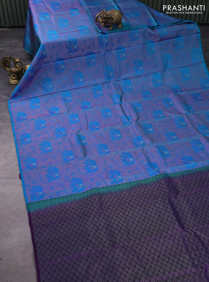 Pure soft silk saree dual shade of bluish green and violet with allover thread & zari woven brocade weaves in borderless style